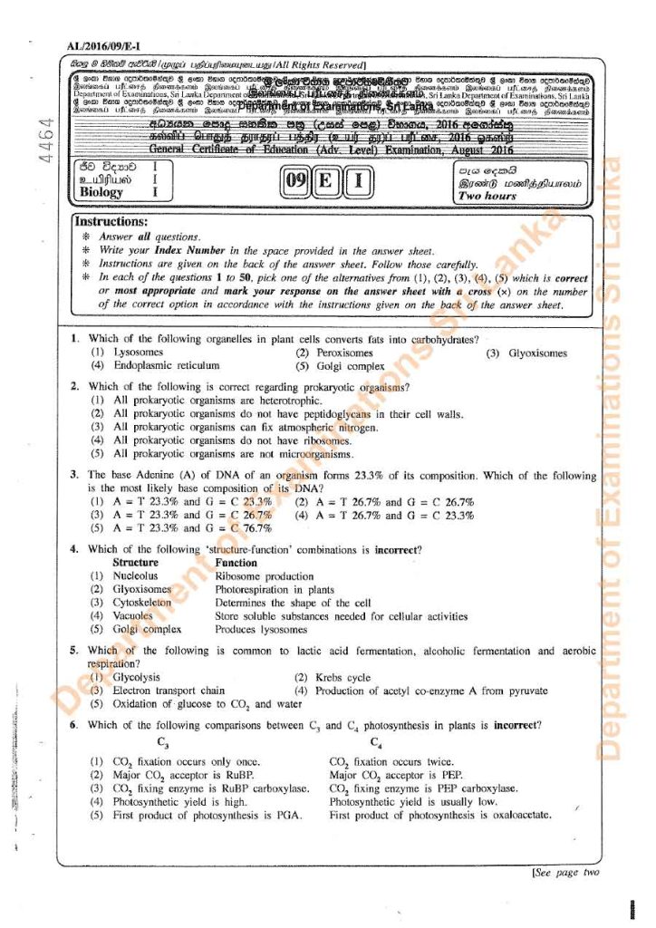 Download English Medium 2016 A/L Biology Past Paper With Marking ...